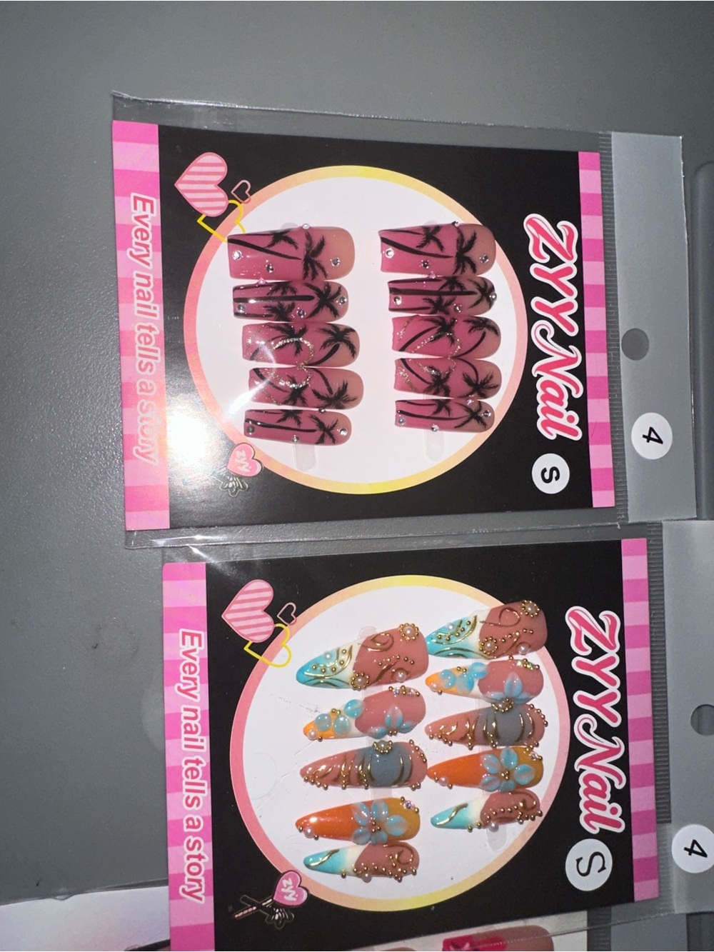 ZYYX Nail Press-On Set — Pink Palm & Coral Floral Styles